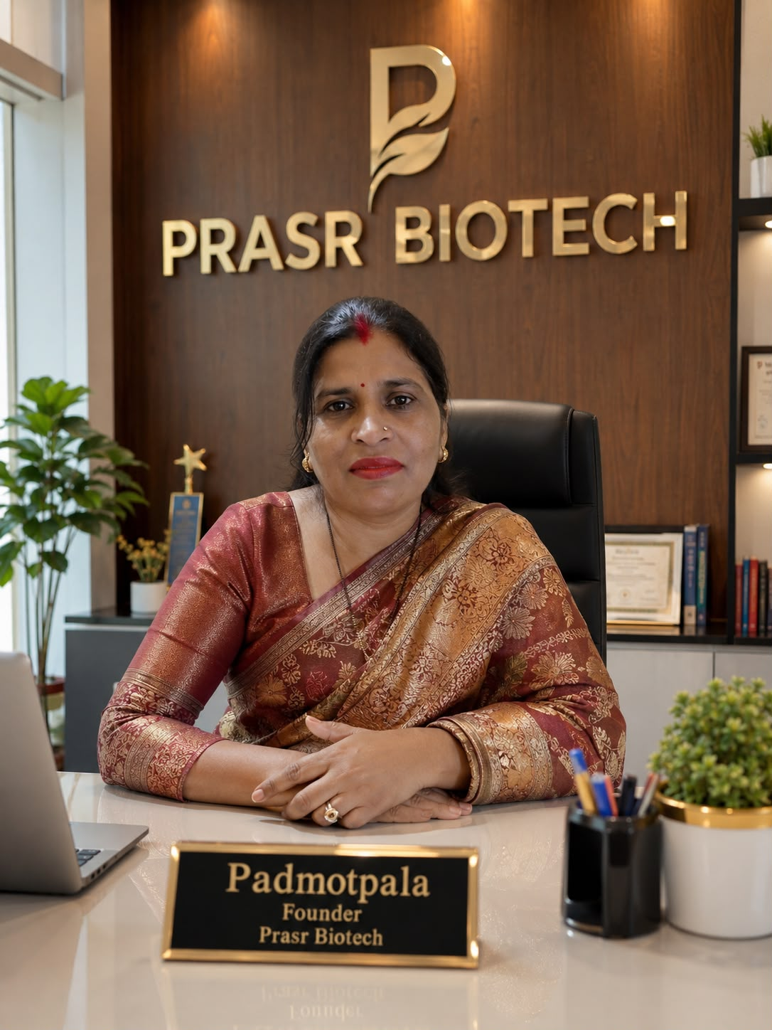 Padmotpala, Founder of PRASR BIOTECH, at the company office